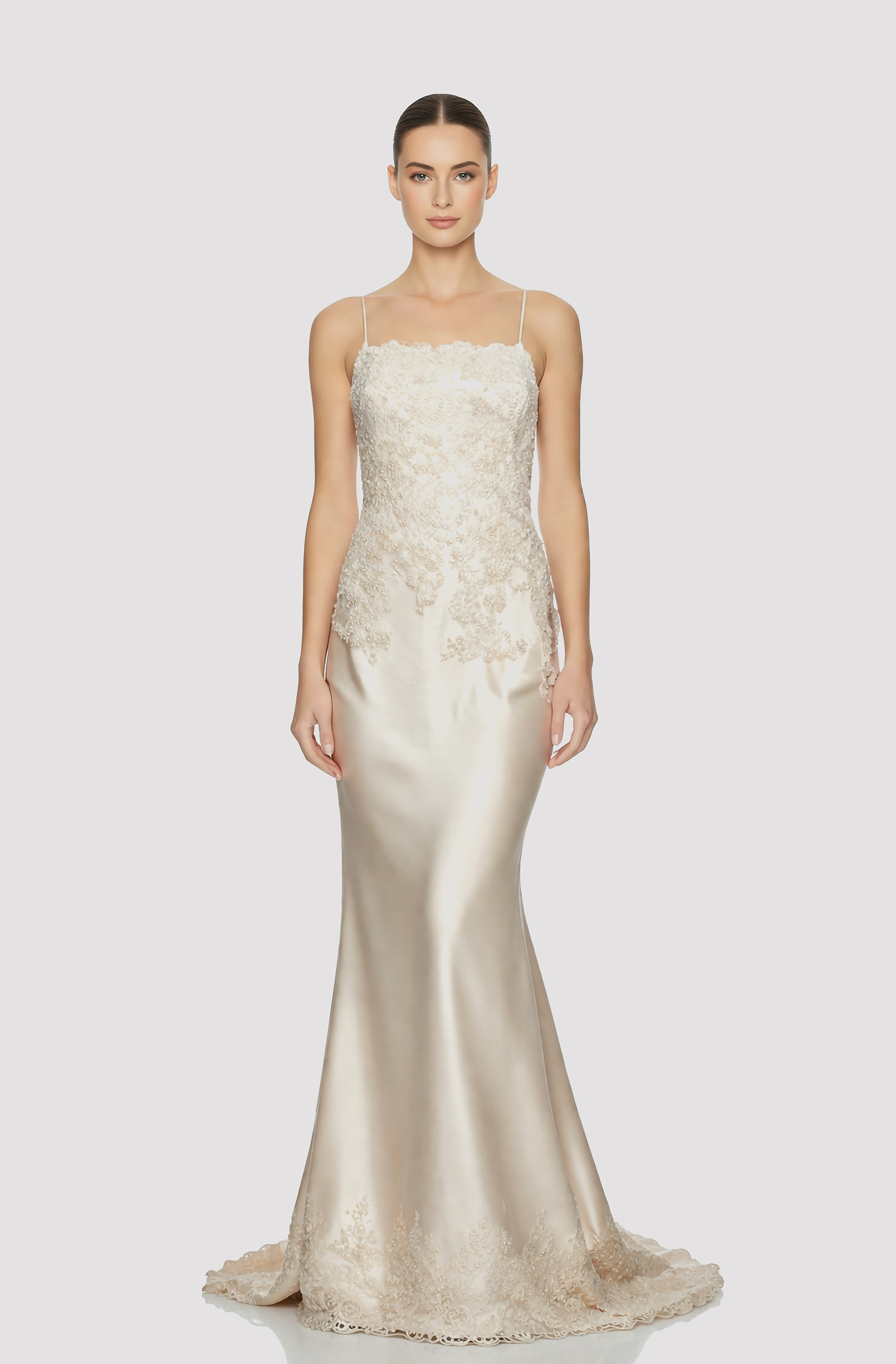 Front view of a woman in an Off-white Thai silk mermaid gown embellished with hand-beaded lace bodice and hemline 4, image 1
