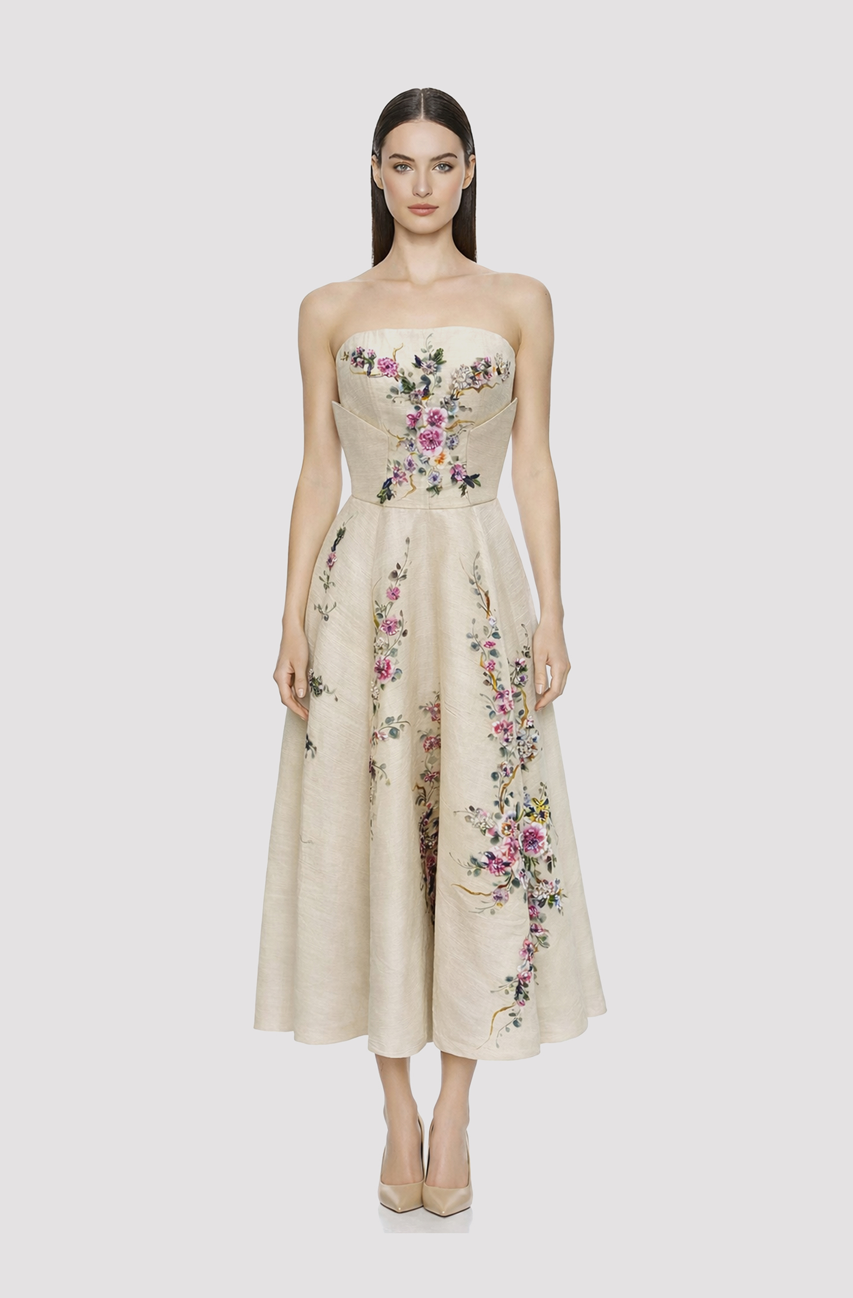 Front view of a woman in a Natural color piña dress with hand-painted, hand-beaded floral embellishments 10, image 1