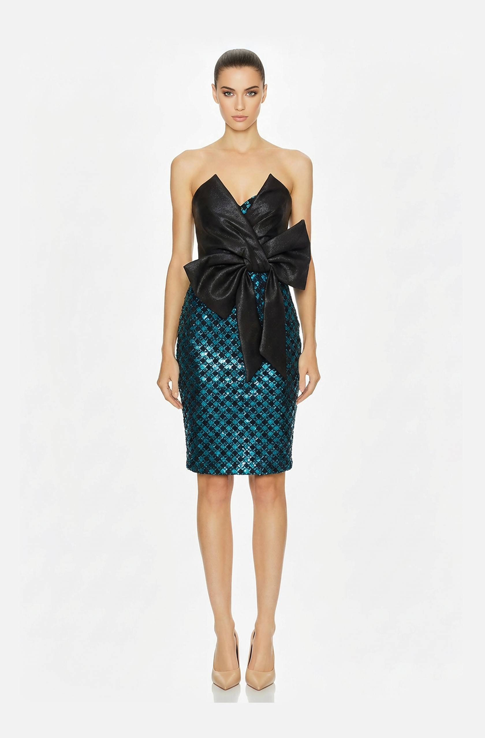 Front view of a woman in a Black Mikado draped cocktail dress with turquoise & black lame skirt, accented with side bow 22, image 1