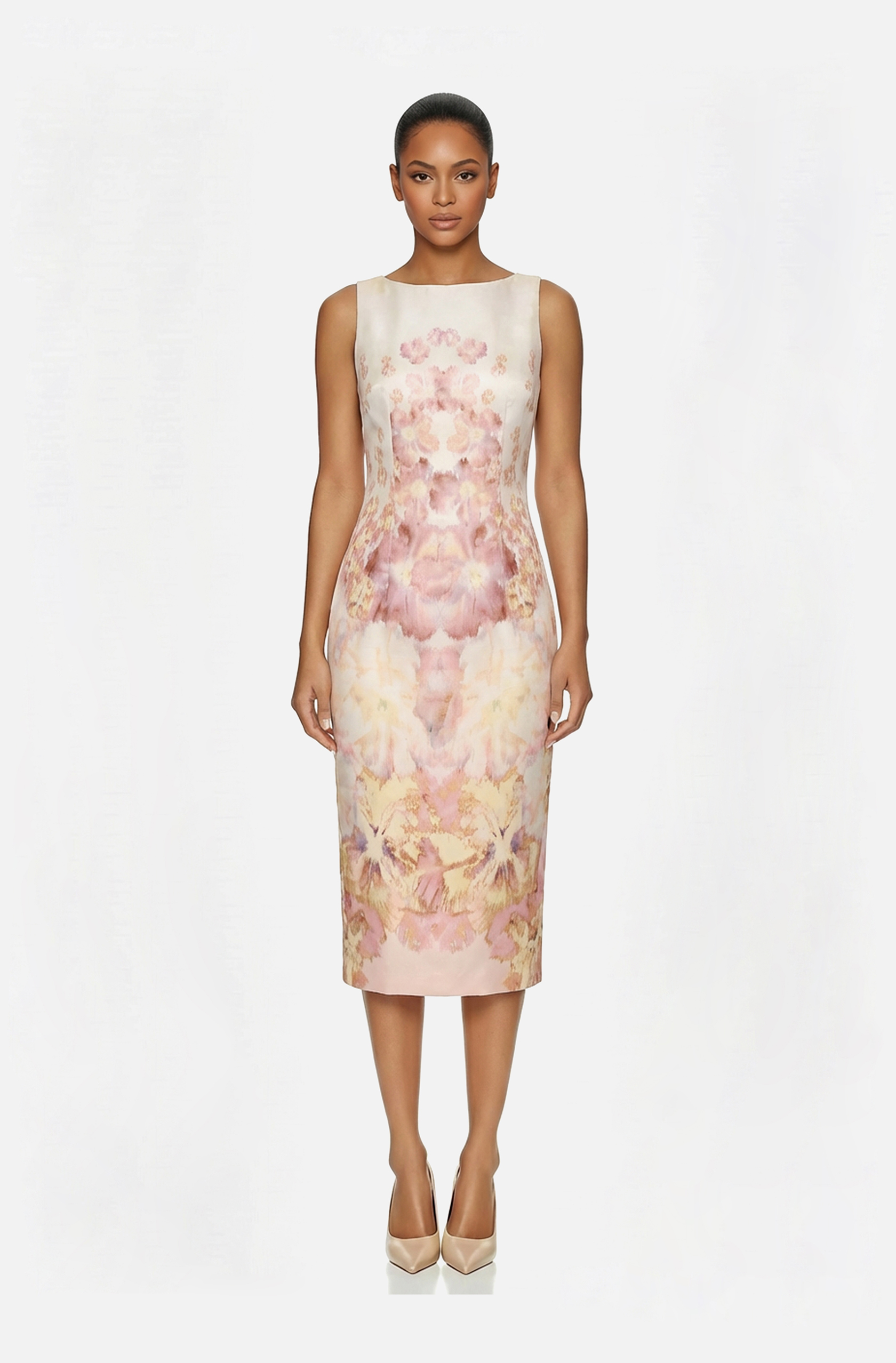 Front view of a woman in an Ivory floral print organza pencil cut cocktail dress 48, image 1