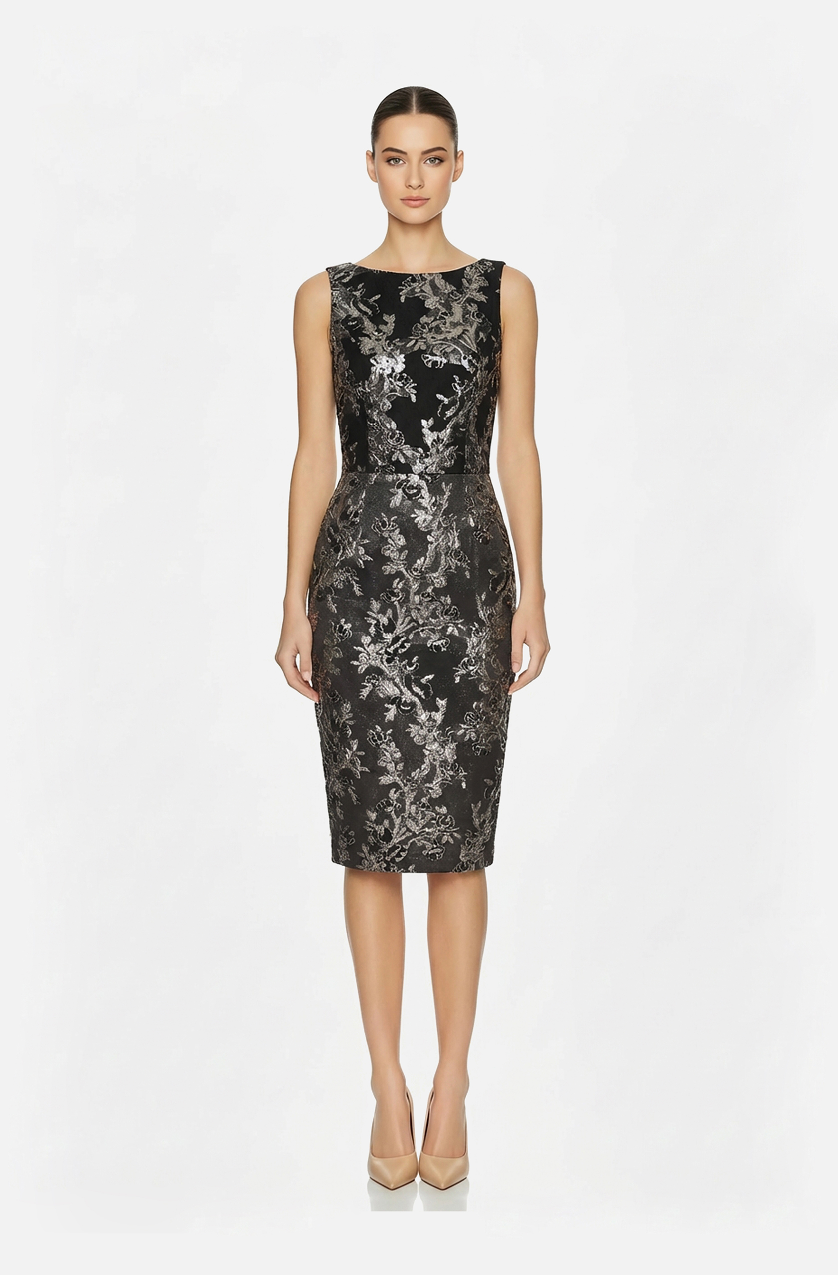 Front view of a woman in a Black and silver boat neckline brocade sheath dress 59, image 1