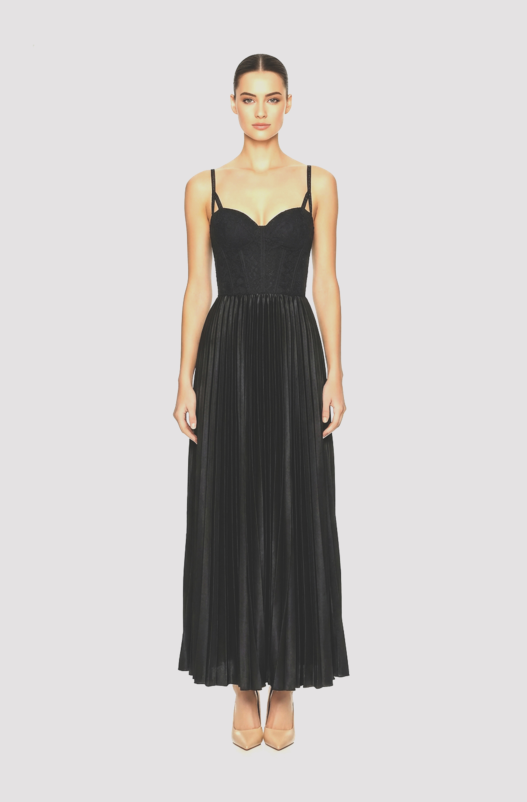 Front view of a woman in a Black satin electric-pleated midi cocktail dress with beaded straps and French lace corseted top 64, image 1
