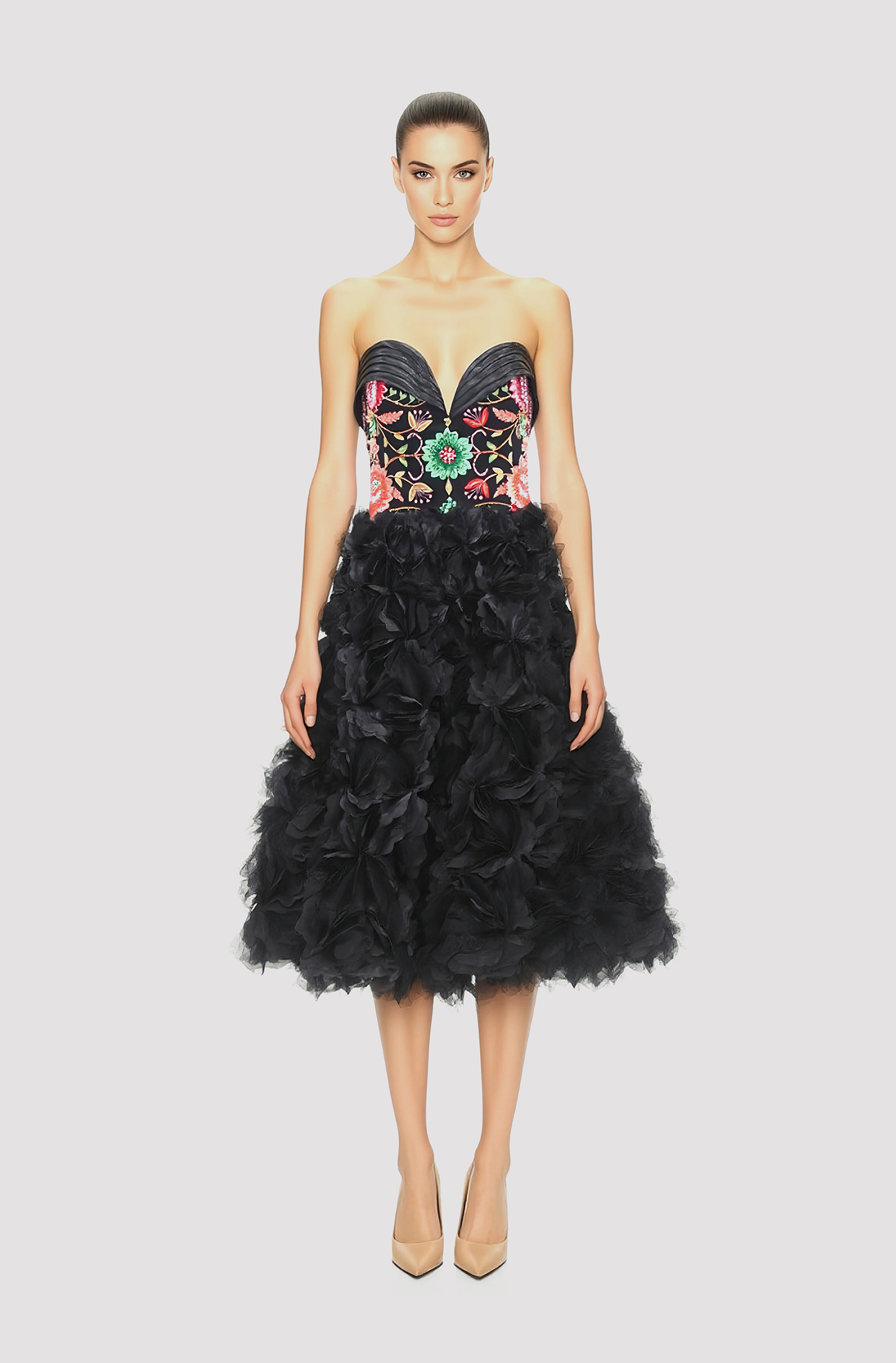 Front view of a woman in a Black corseted organza midi couture ball dress with hand-embroidered bodice and 3D floral appliqués 67, image 1