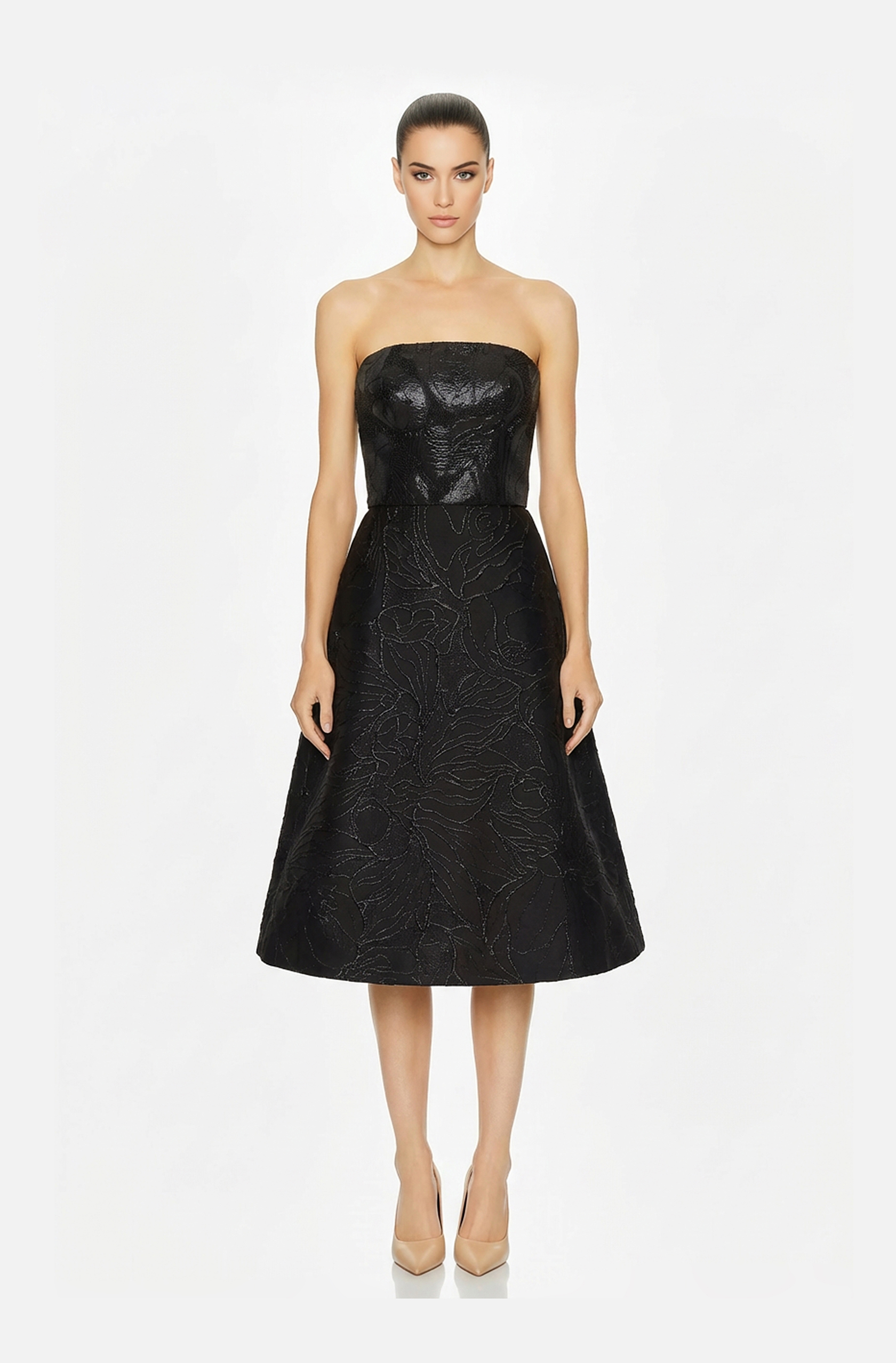 Front view of a woman in a Black brocade cocktail dress 69, image 1