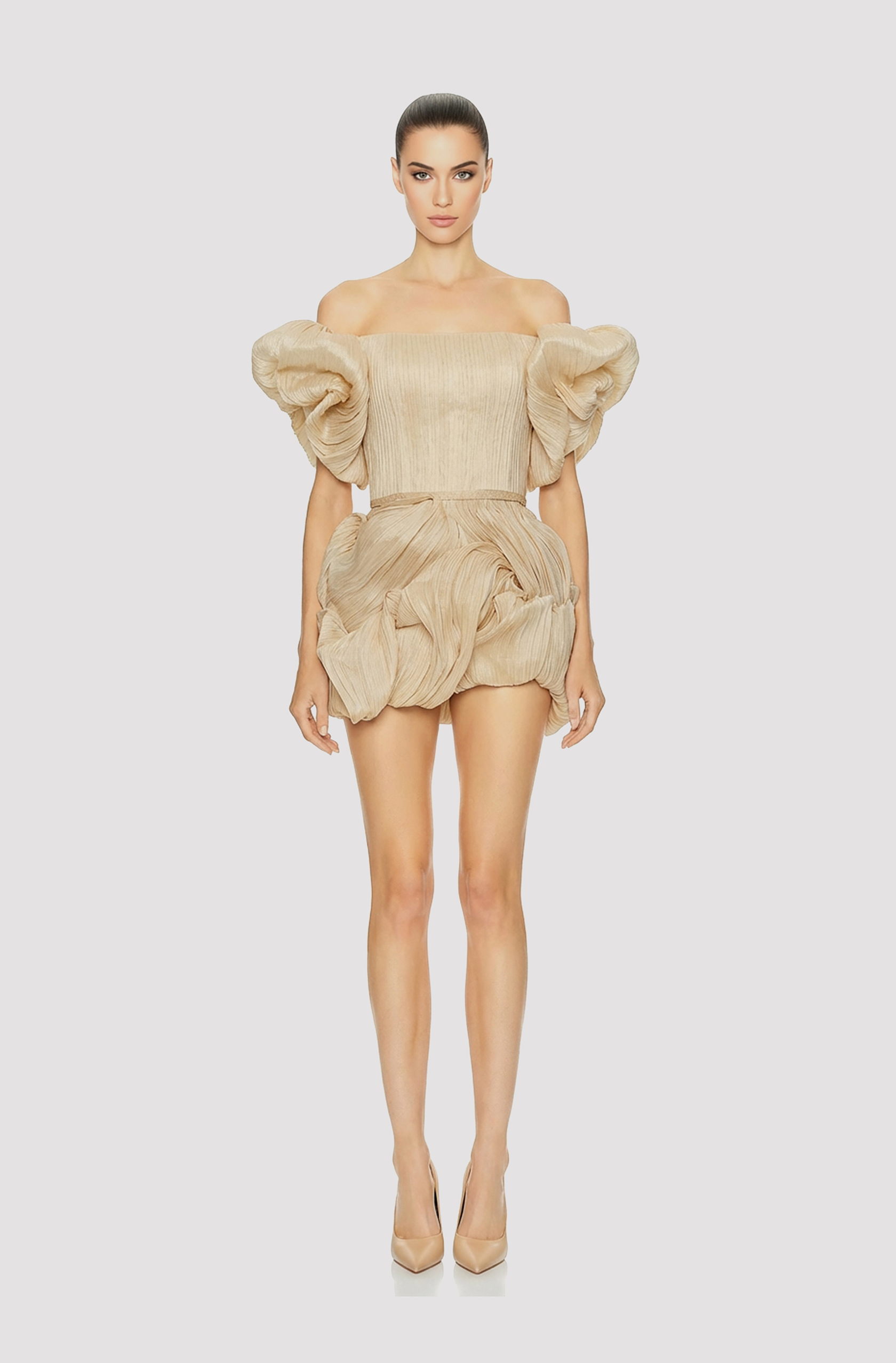Front view of a woman in an Ivory ECO piña & abaca woven fabric couture micro mini cocktail dress with draped skirt and sleeves 8, image 1