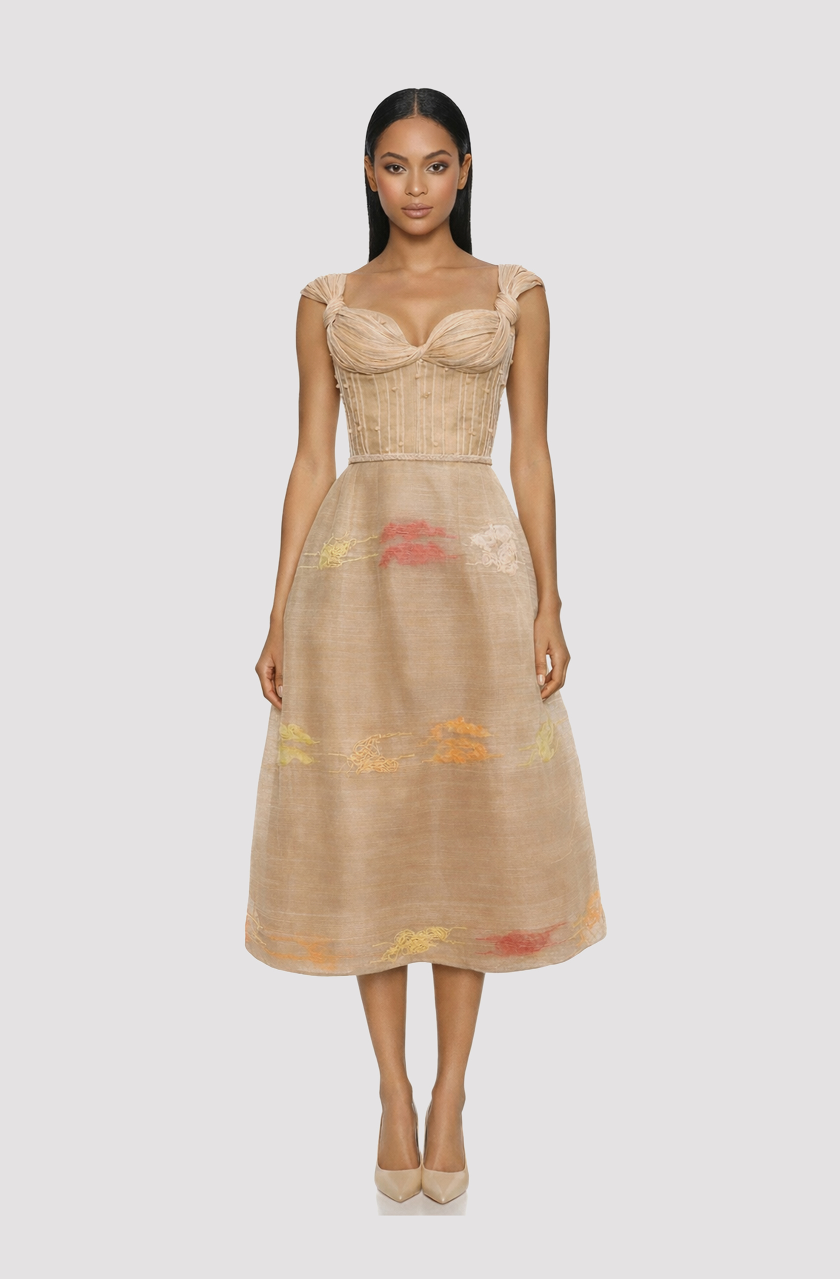 Front view of a woman in a Natural color piña draped corset with colored silk woven inserts 9, image 1