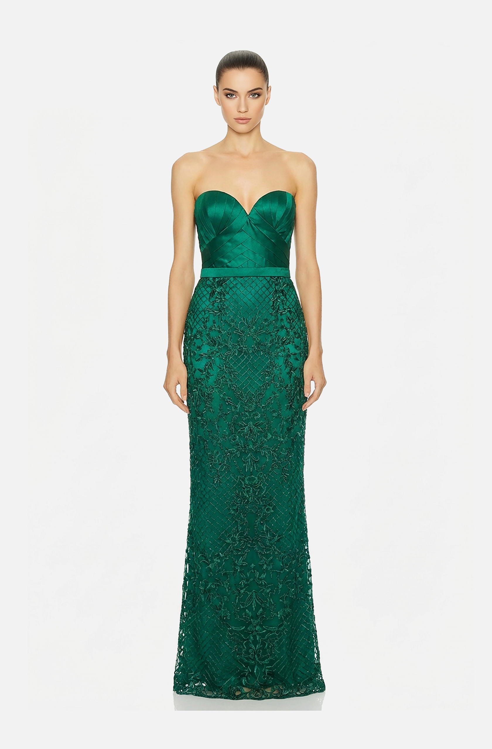 Front view of a woman in an Emerald green mikado strapless gown with draped bodice and embroidered lace skirt 1, image 1