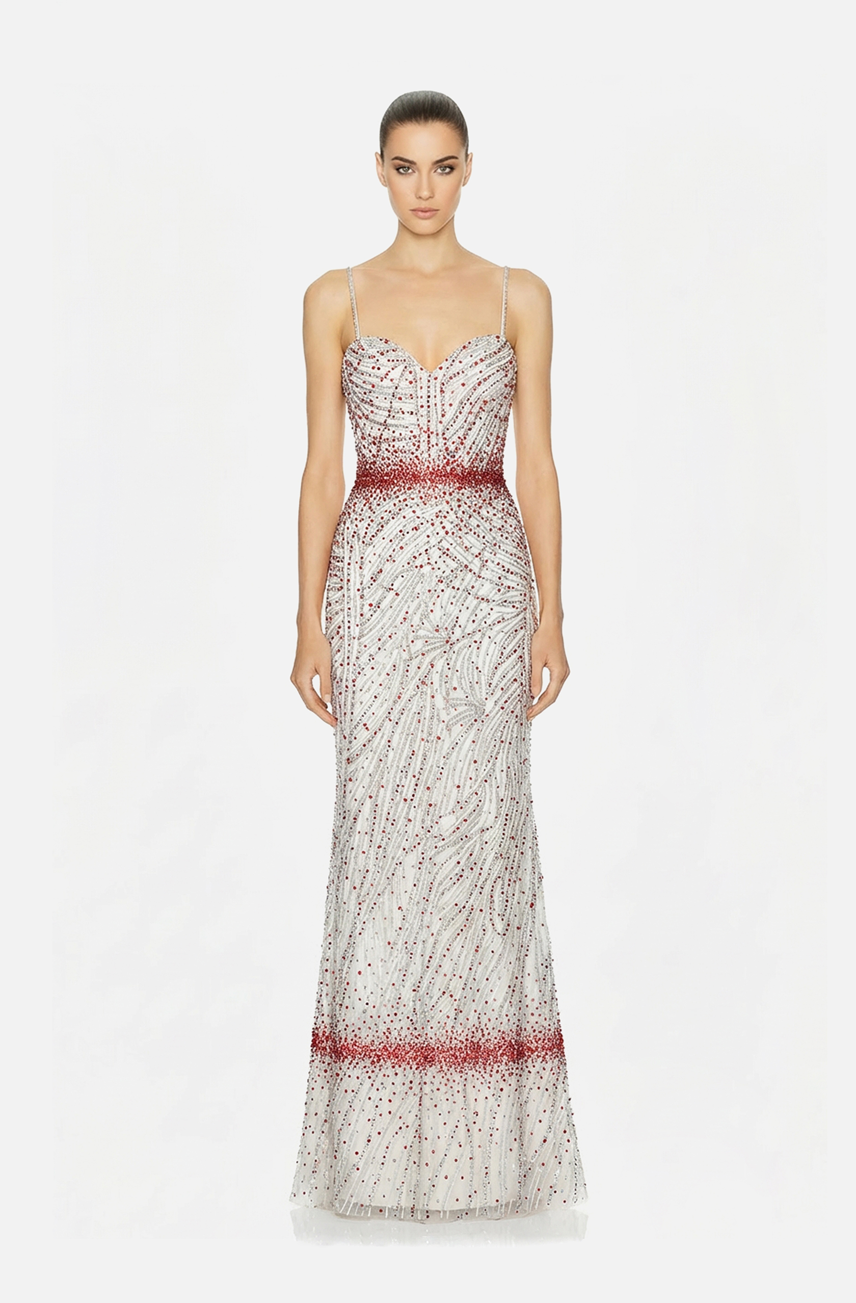 Front view of a woman in an Ivory spaghetti-strap tulle mermaid gown embellished with red and translucent beads 15, image 1