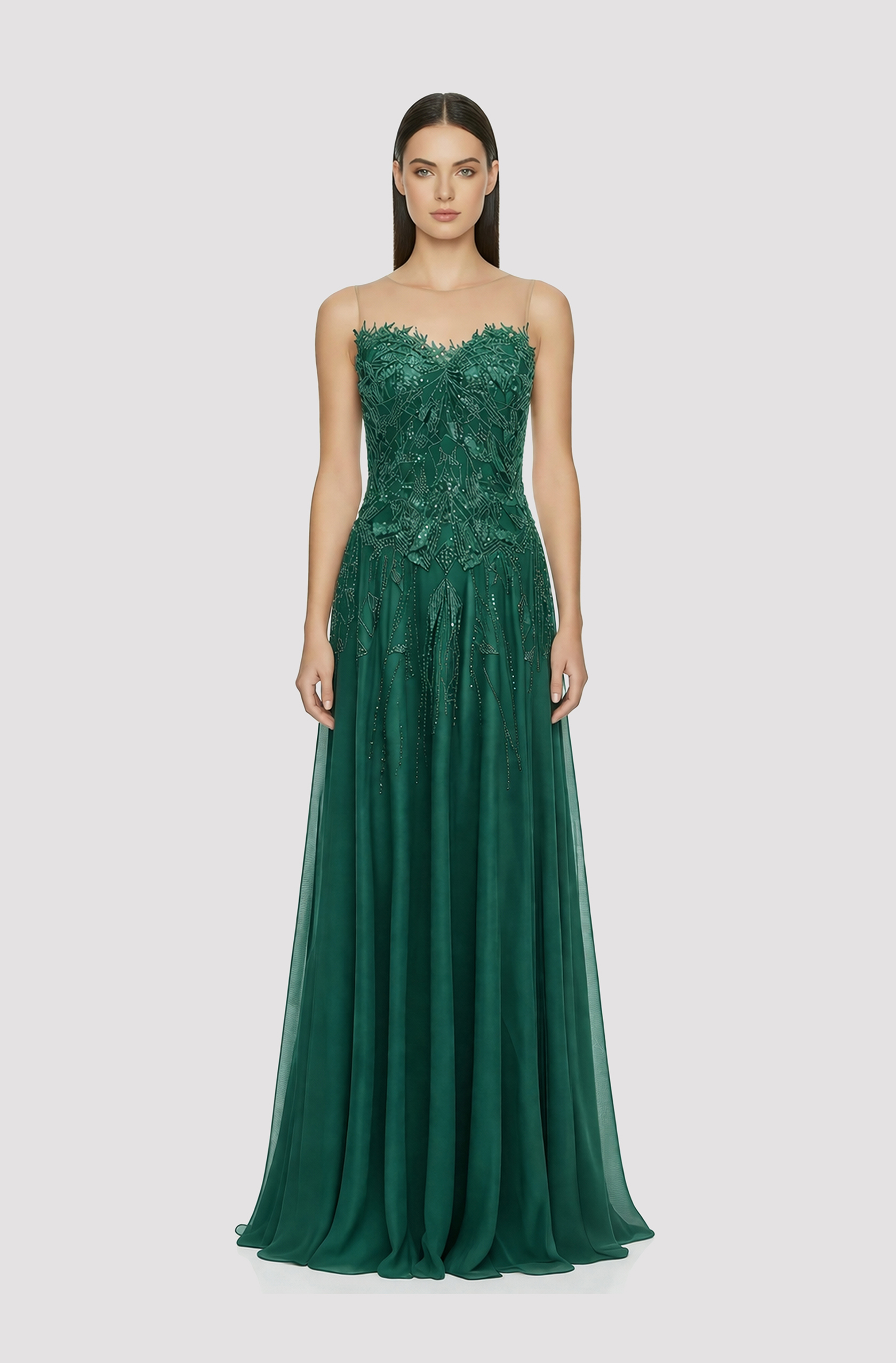 Front view of a woman in an Emerald green silk organza ball gown embellished with art deco style hand-beaded cascading bodice 2, image 1