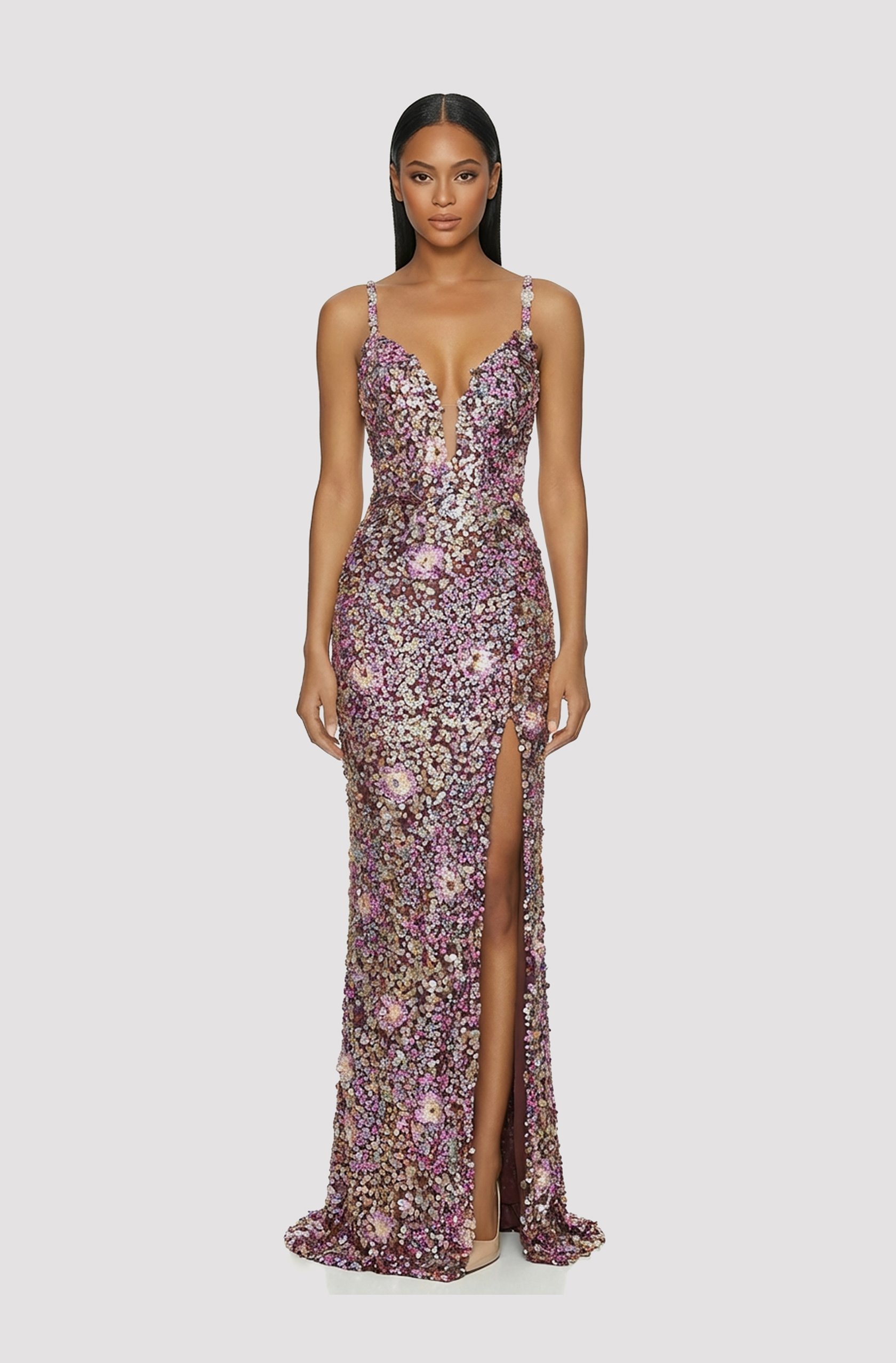Front view of a woman in a Burgundy sleeveless hand-beaded column gown with high slit 21, image 1