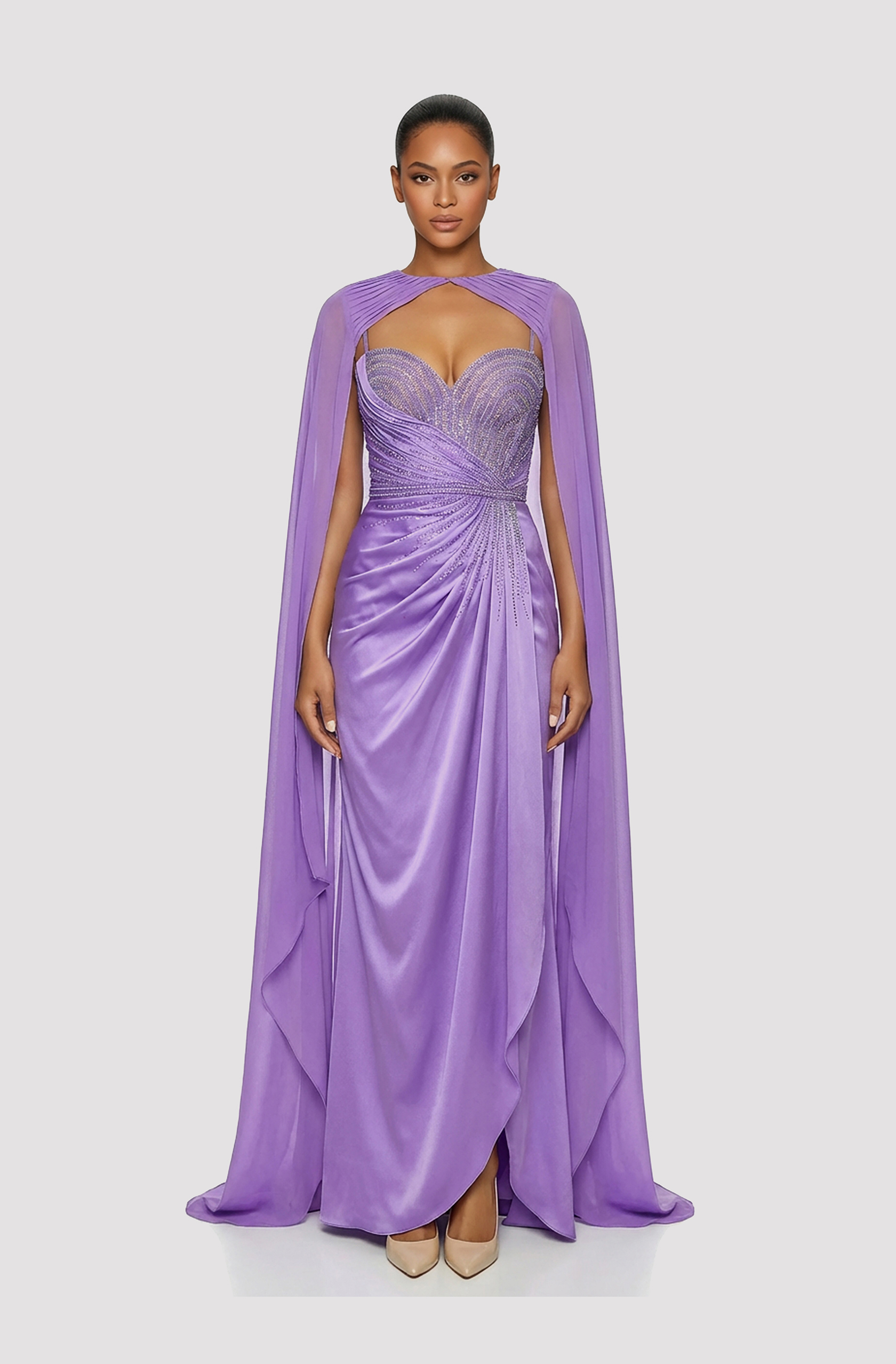 Front view of a woman in a Hand-draped purple silk gown with a hand-beaded bodice and detachable cape 25, image 1
