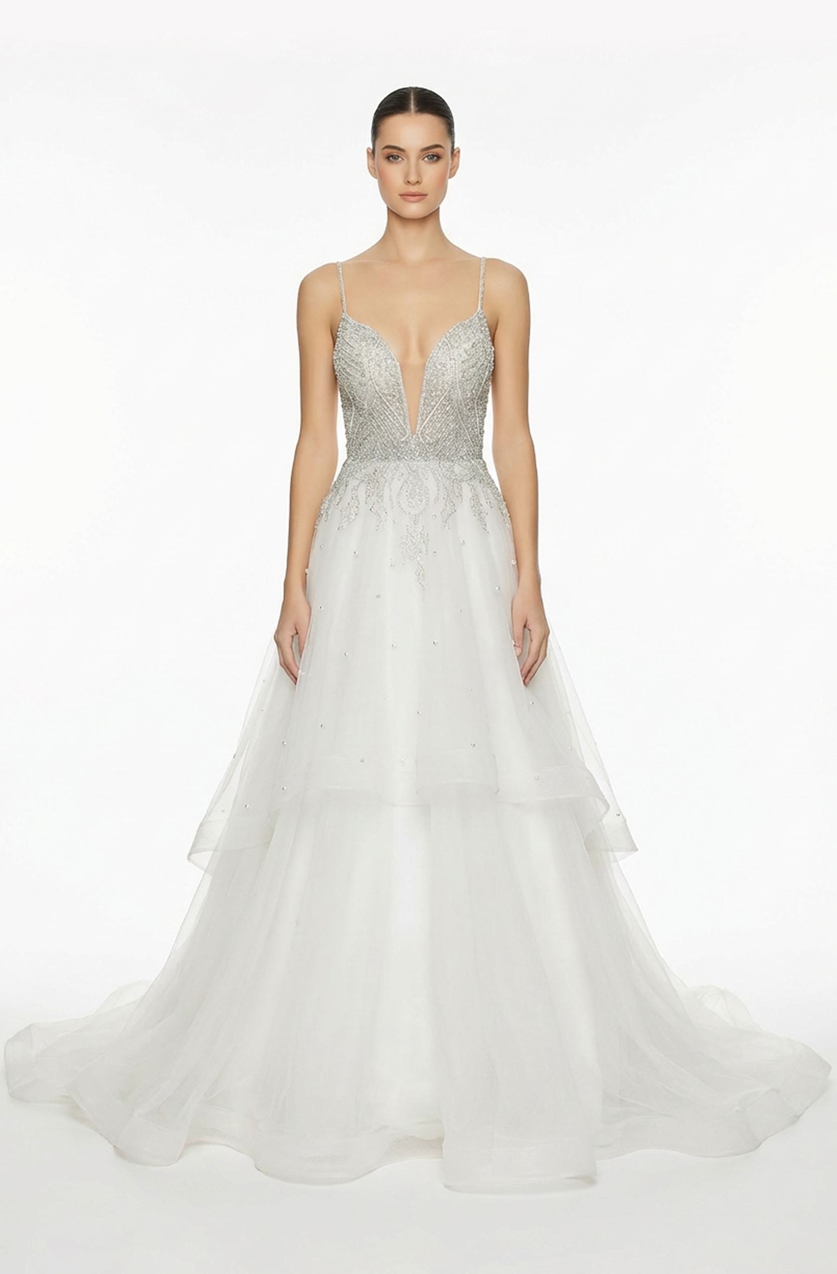 Front view of a woman in an Off-white v-neckline top in metallic silver ornate pattern and tulle layered skirt 41, image 1