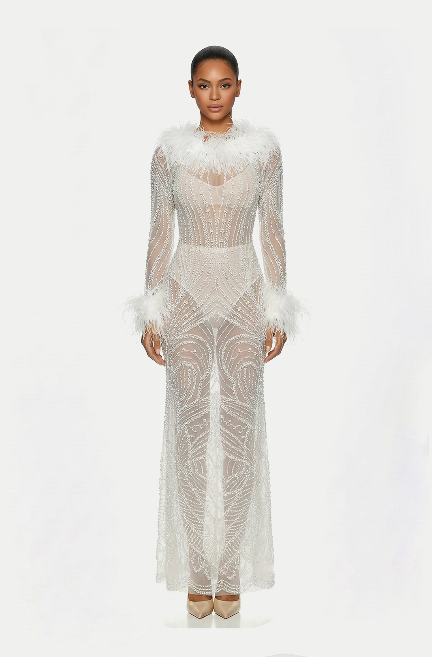 Front view of a woman in an Off-white beaded see-through column dress accented with ostrich feathers at the neckline and cuffs 42, image 1