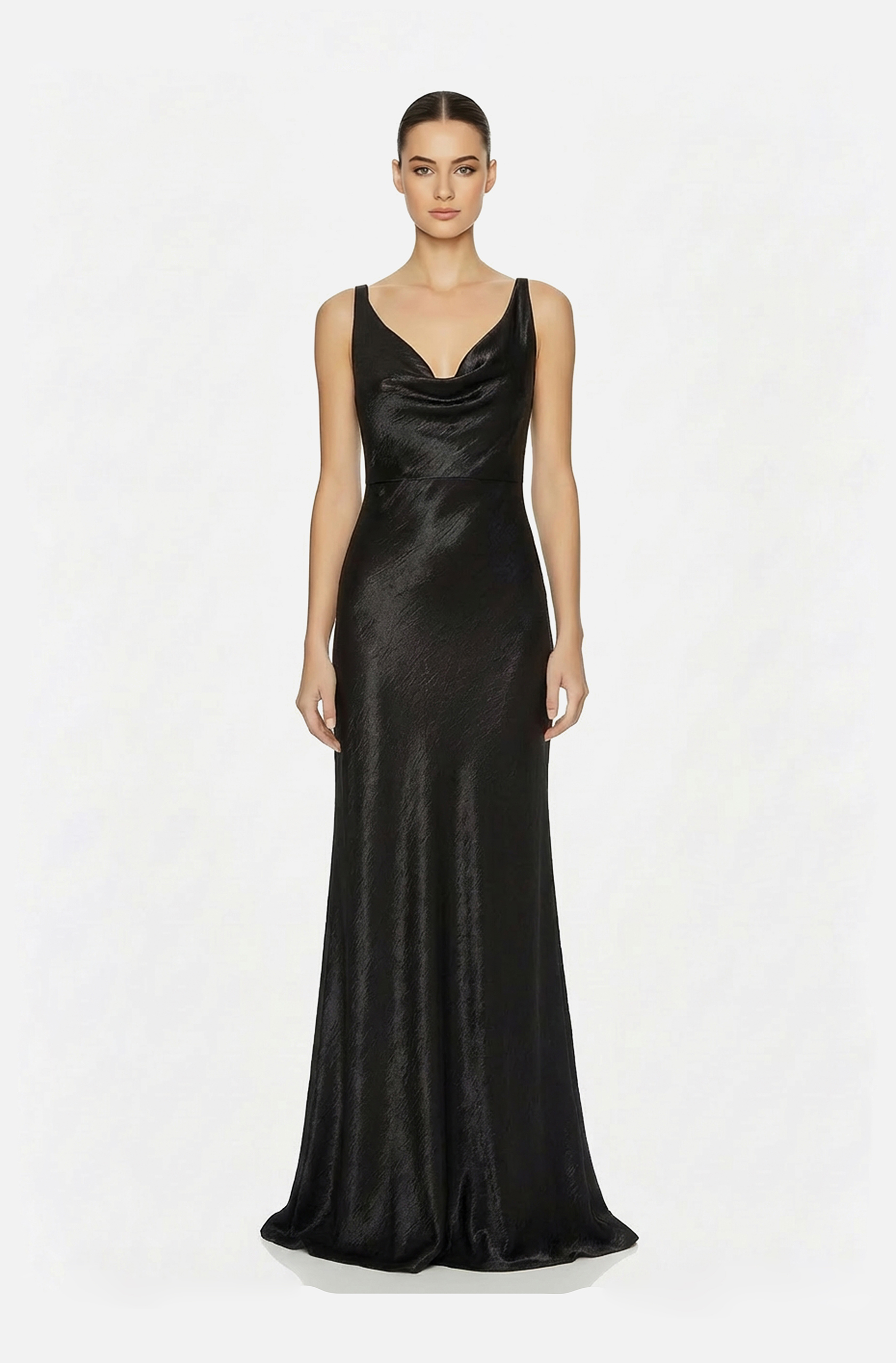 Front view of a woman in a Black cowl neck satin gown 57, image 1